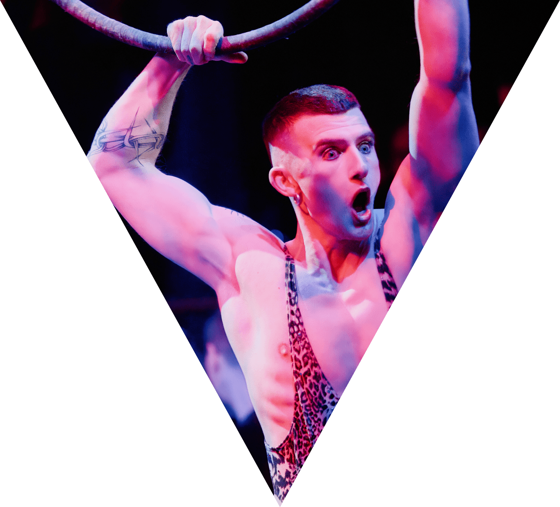 An aerial performer grabbing a hoop looking out to the audience